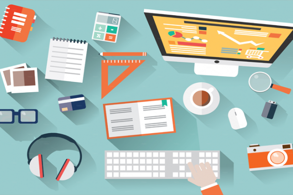 Digital marketing desktop with various tools